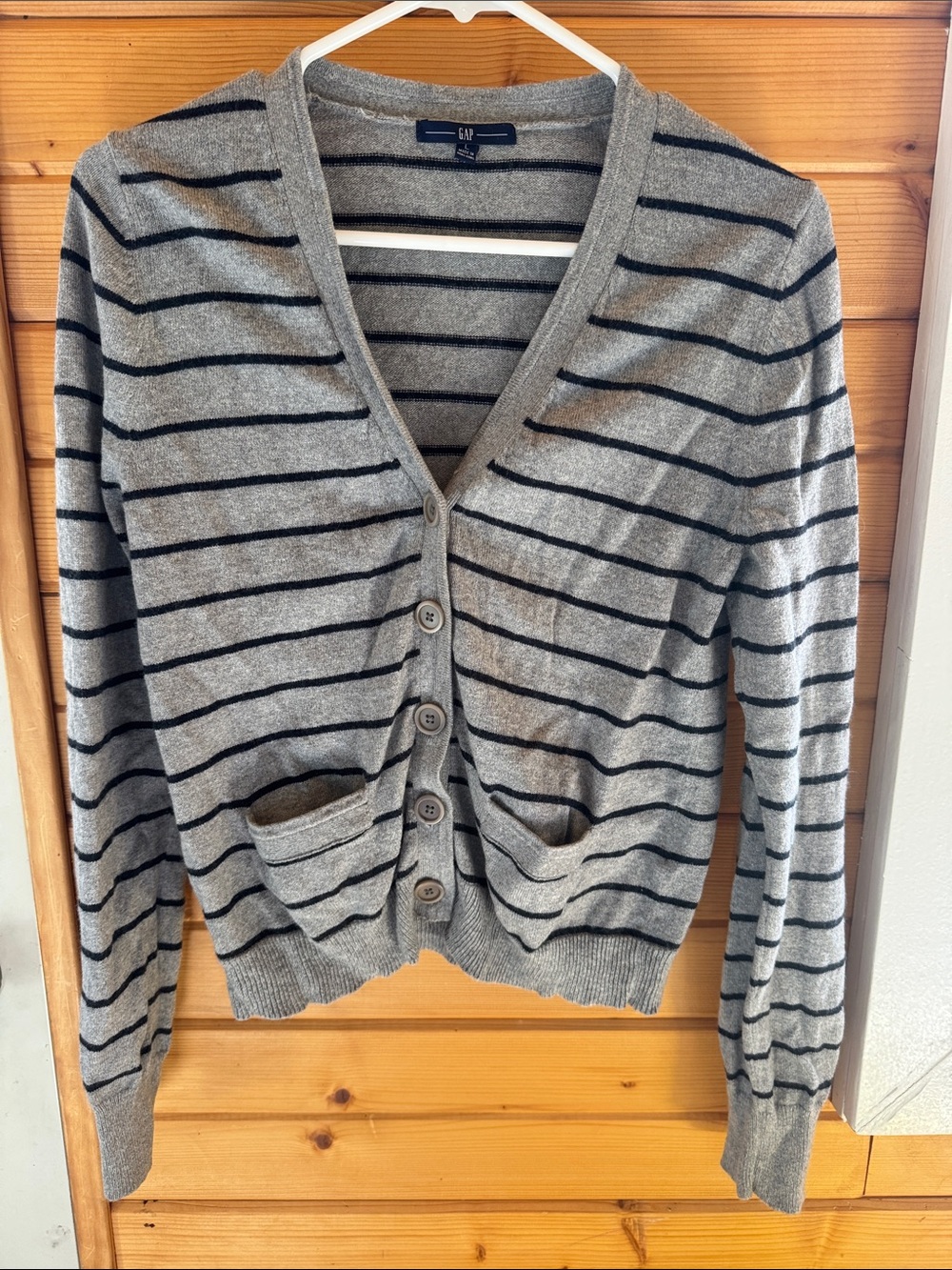 GAP Gray and Black Striped V-Neck Cardigan